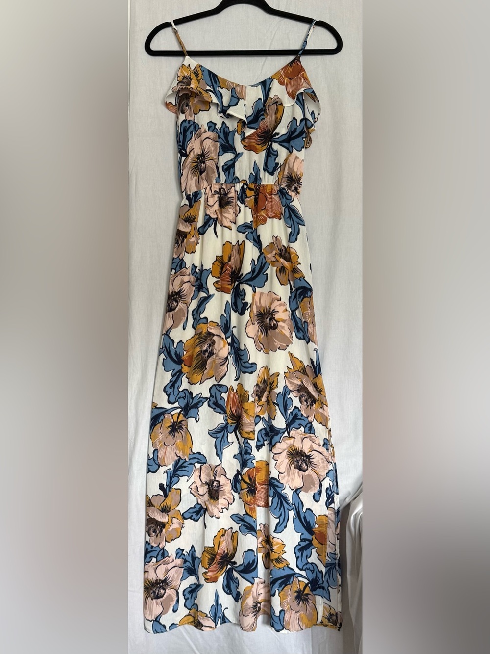 Everly Cream Blue & Gold Floral Maxi Dress Adj Straps Ruffle Neck Flowy  S